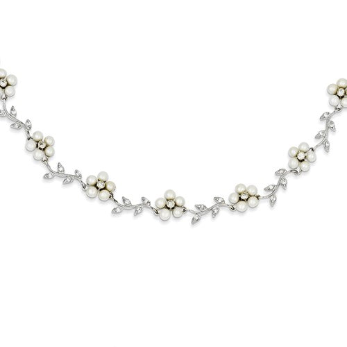 Sterling Silver Rhodium FW Cultured Pearl and CZ Floral Necklace