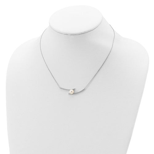 Sterling Silver Rhod-plat 7-8mm White Button FWC Pearl CZ Necklace