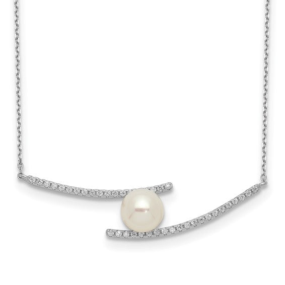 Sterling Silver Rhod-plat 7-8mm White Button FWC Pearl CZ Necklace