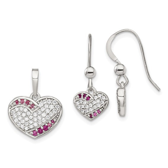 Sterling Silver Rhodium-plated CZ Heart Dangle Earring and Pendant Set