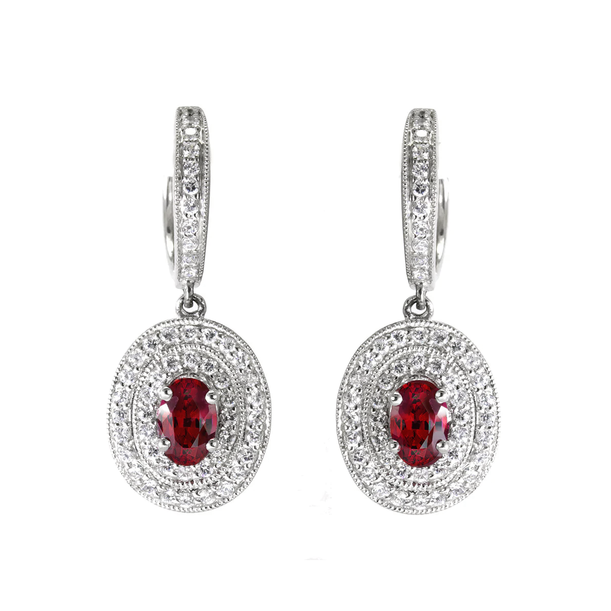 14k white gold oval ruby and diamond earrings