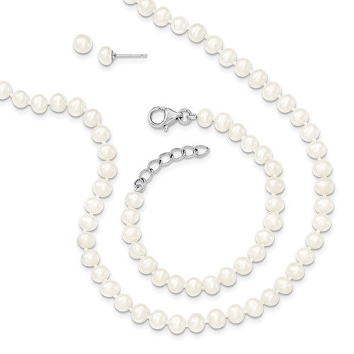 Sterling Silver 4-5mm Pearl Necklace, Bracelet & Earring Set
