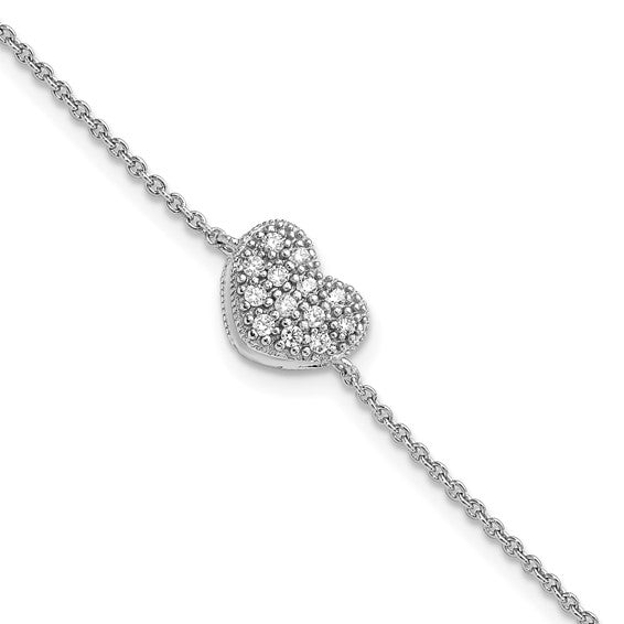 Sterling Silver Rhodium-plated CZ with 1in ext Heart Bracelet