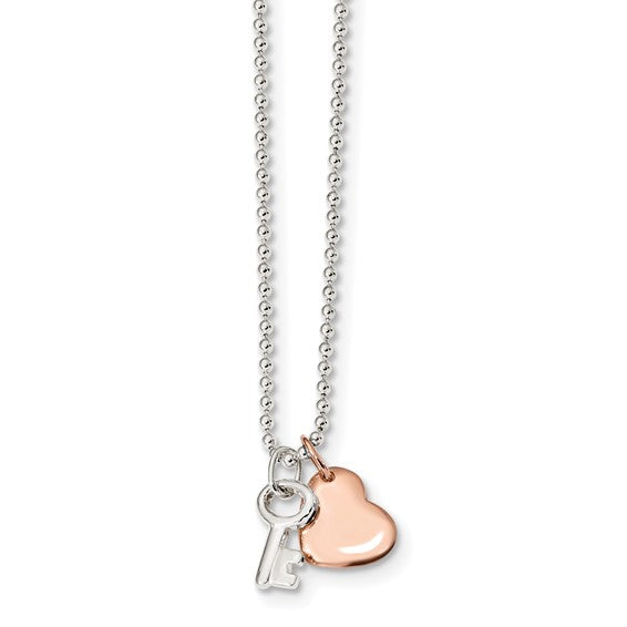 Sterling Silver Rose-tone Heart with Key 19 inch Necklace