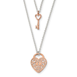 Sterling Silver and Rose-tone Heart Lock and Key 2-strand Necklace