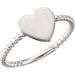 14K White Heart Engravable Beaded Ring