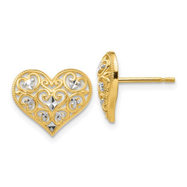 14k Yellow Gold and Rhodium Fancy Heart Post Earrings