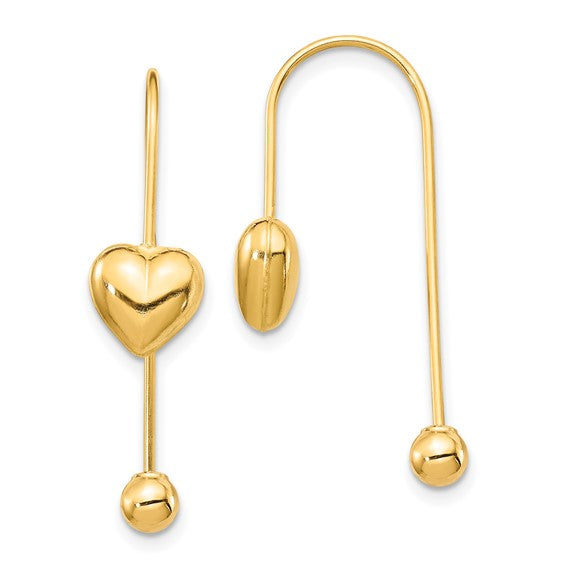 14K Puffed Heart with Screw End Threader Earrings