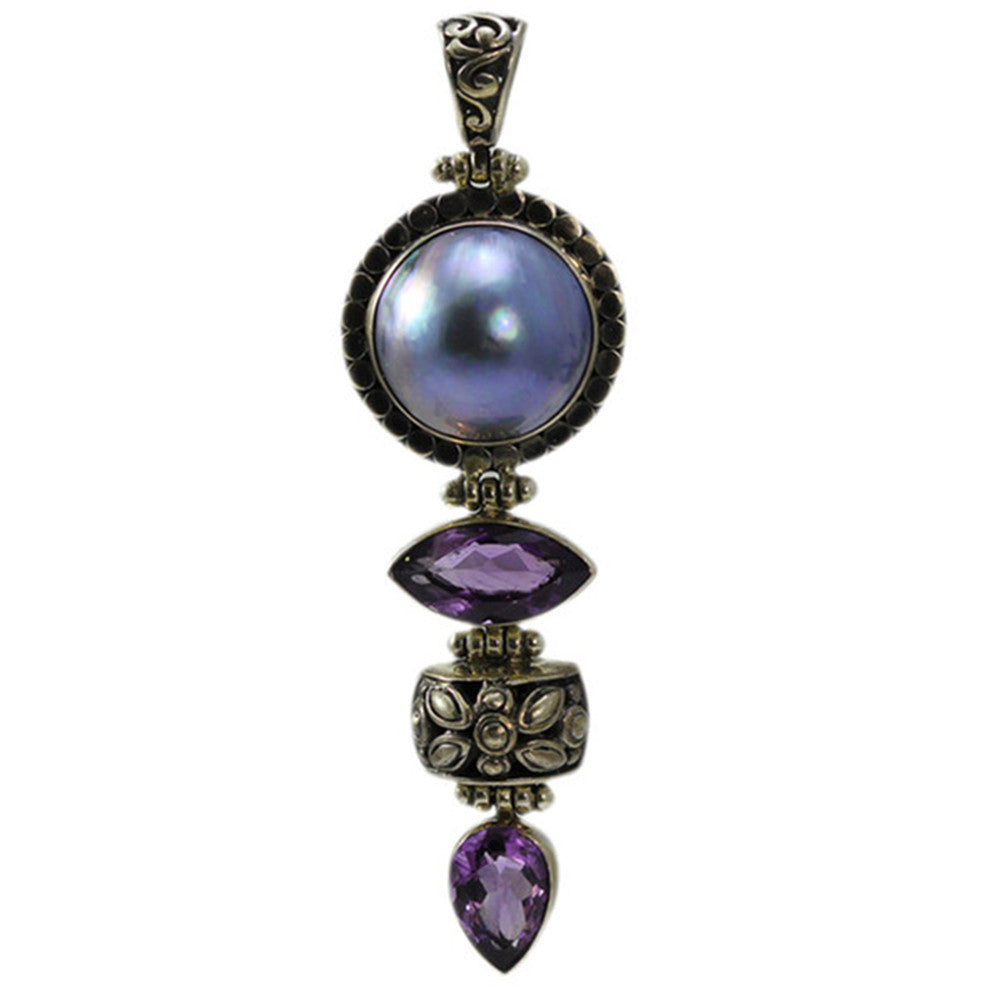 Sterling Silver Grey Mabe Pearl Pendant With Two Amethyst Stones
