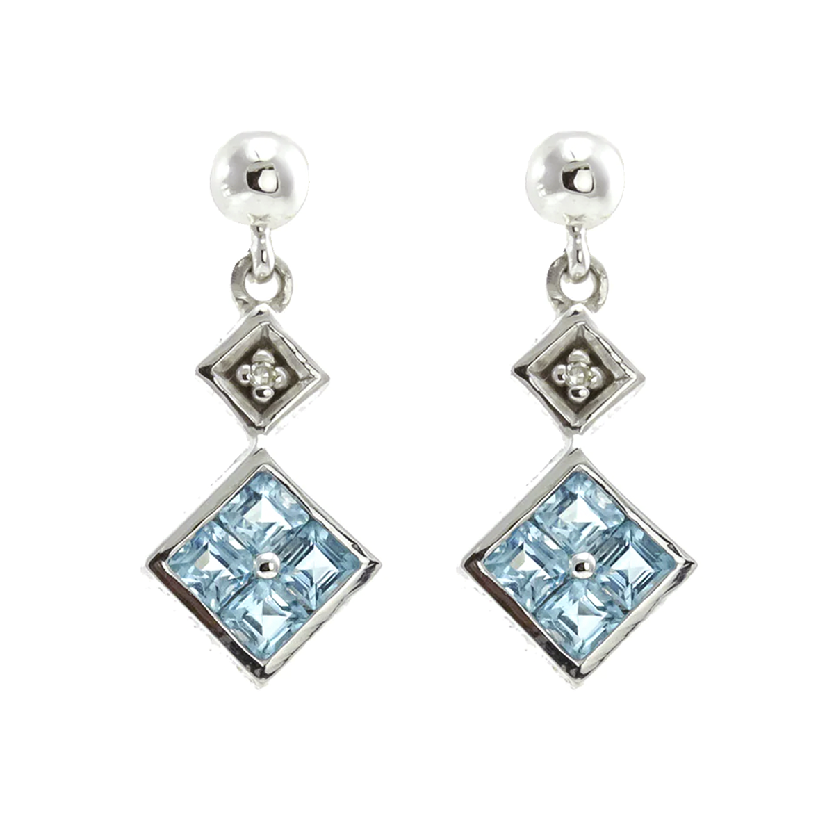 14k white gold princess cut blue topaz and diamond stud earrings