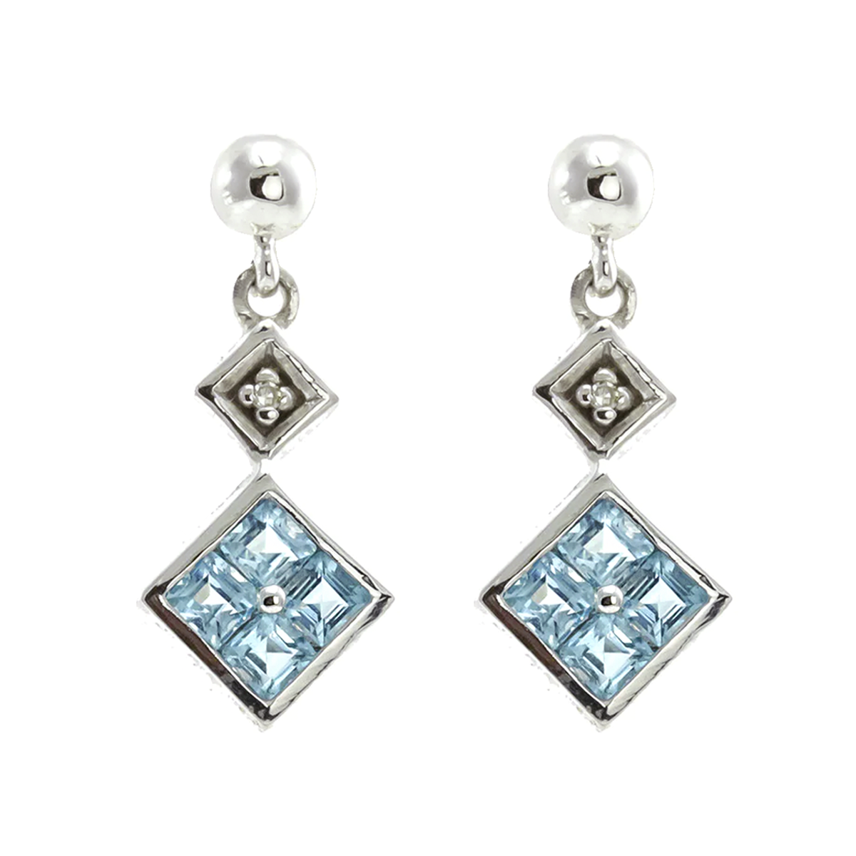 14k white gold princess cut blue topaz and diamond stud earrings