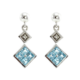 14k white gold princess cut blue topaz and diamond stud earrings