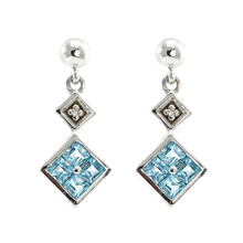 14k white gold princess cut blue topaz and diamond stud earrings
