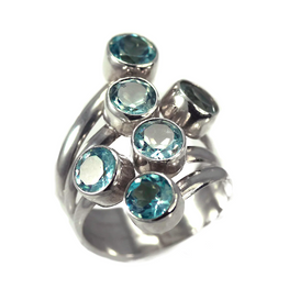 Sterling Silver Ring With Six Round Blue Topaz Stones