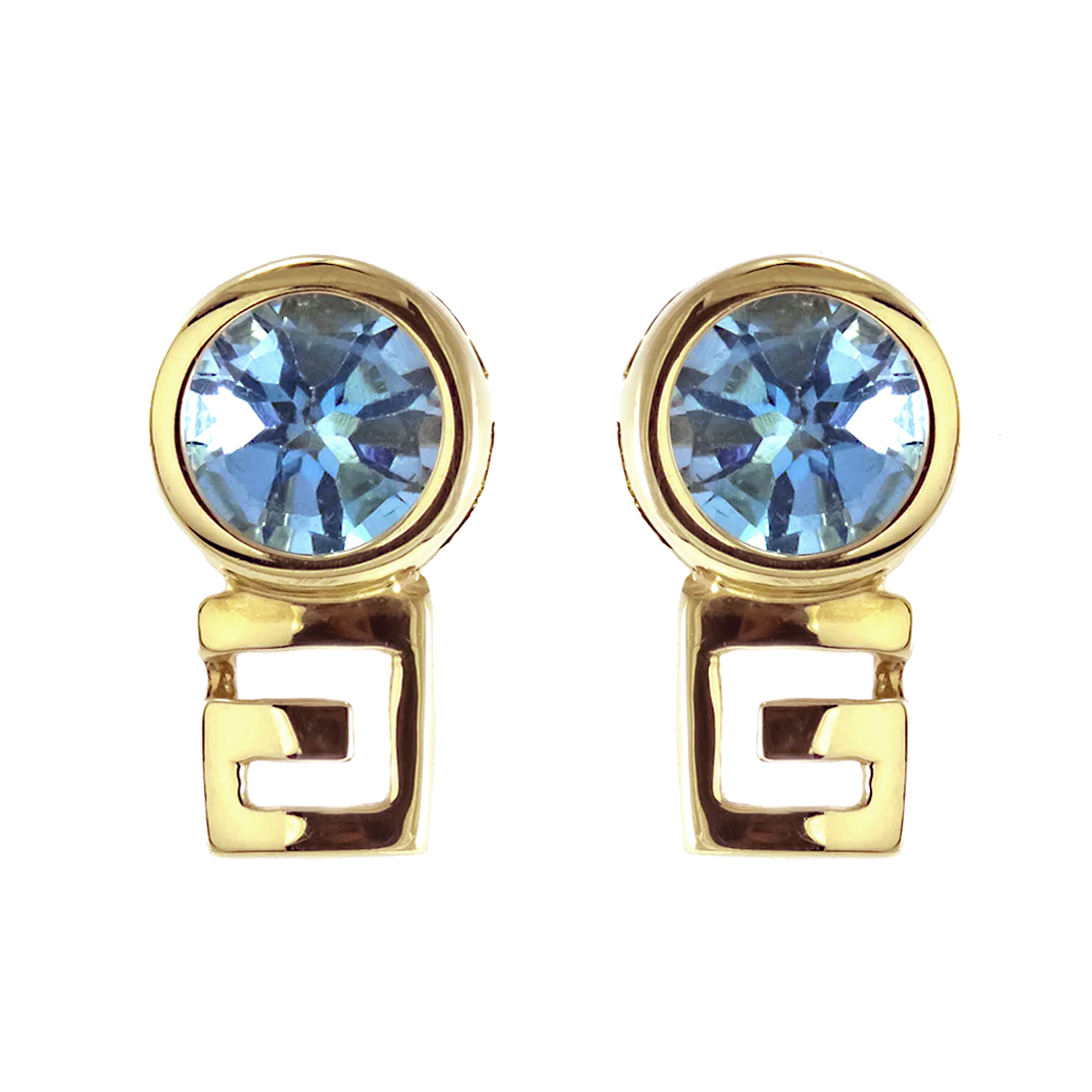 14k yellow gold round bezel set London blue topaz stud earrings