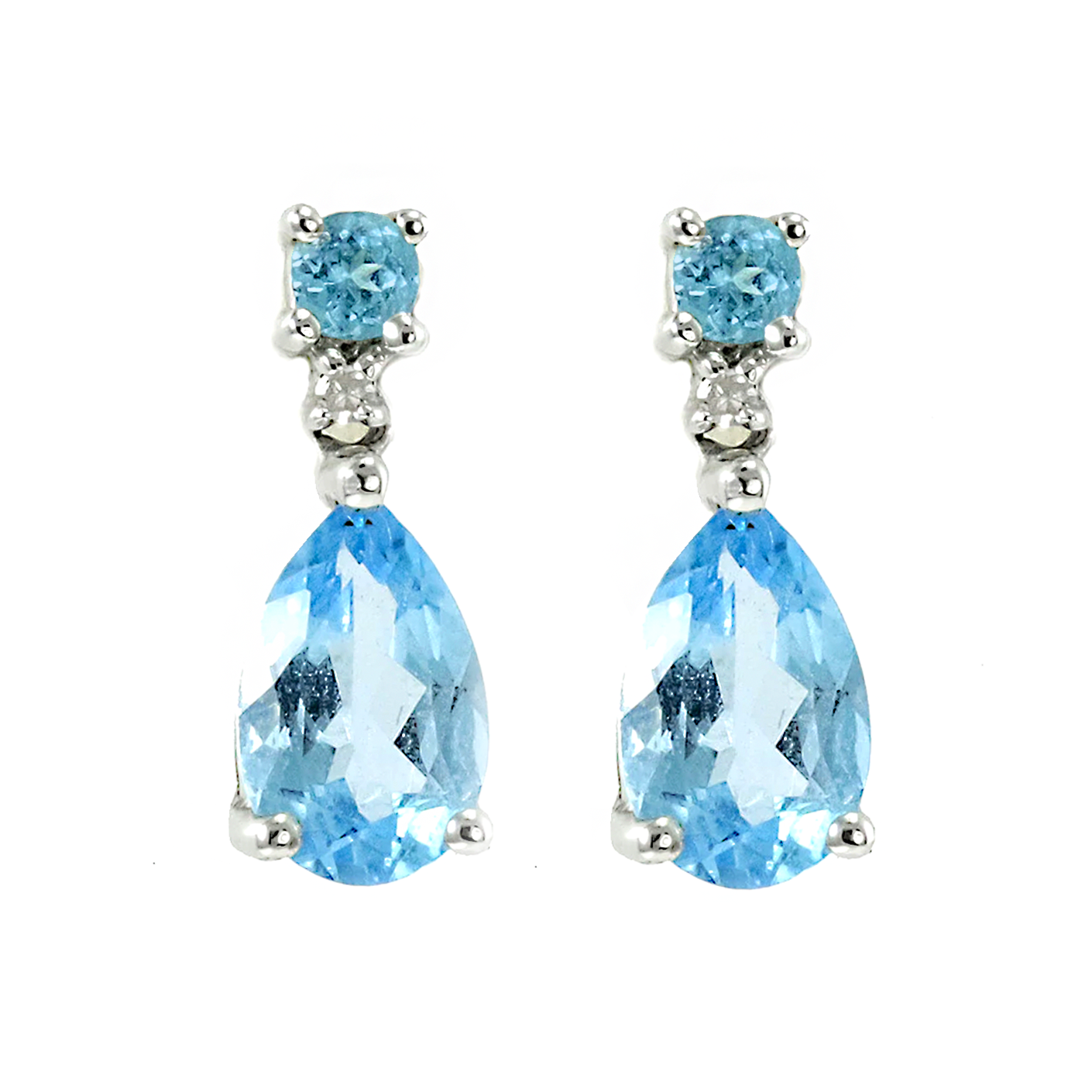 14k white gold pear shape and round blue topaz and diamond earrings.