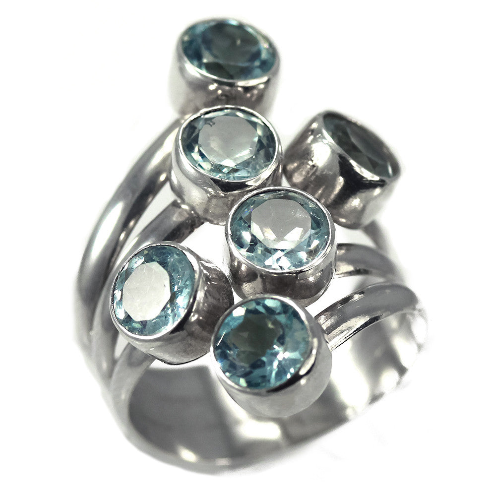 Sterling Silver Ring With Six Round Blue Topaz Stones