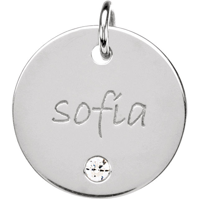 Sterling Silver 2mm Round Imitation Diamond Posh Mommy® Engravable Medium Disc Pendant