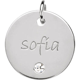 Sterling Silver 2mm Round Imitation Diamond Posh Mommy® Engravable Medium Disc Pendant