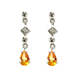 14k white gold pear shape citrine diamond dangling earrings