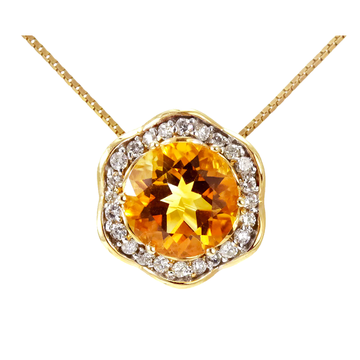 14k yellow gold round citrine and diamond necklace