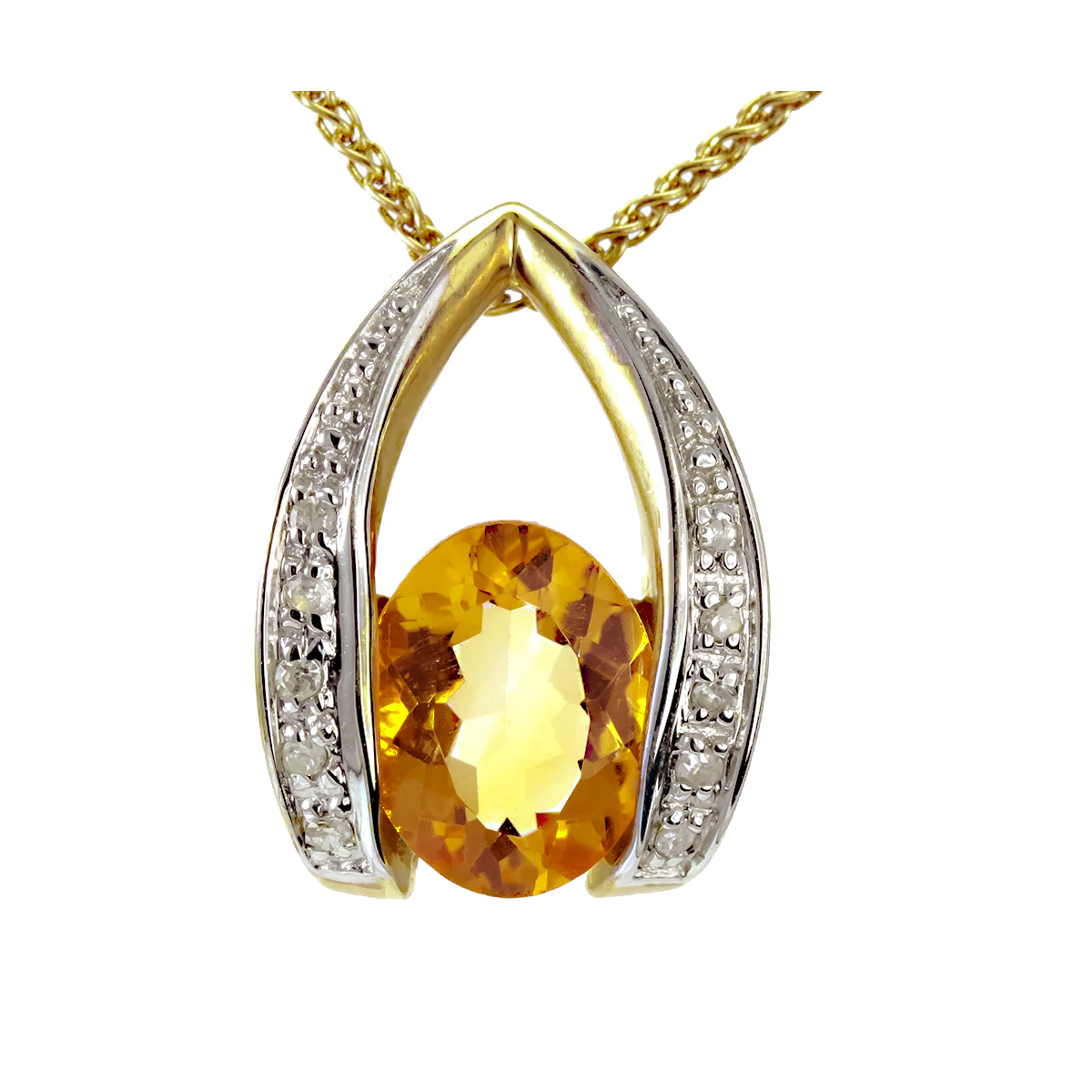 14k yellow gold oval citrine and diamond pendant