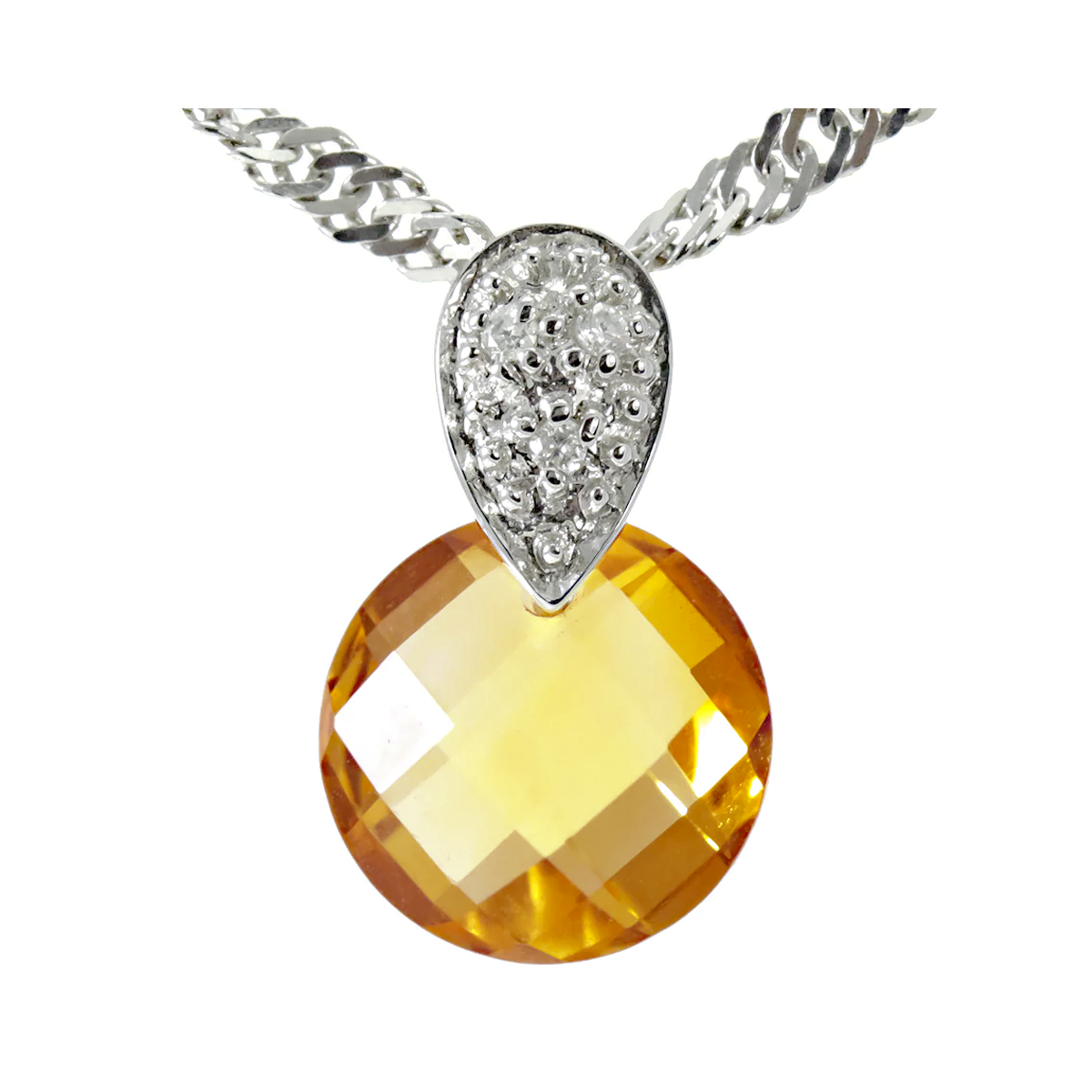 14k White Gold Round Citrine & Diamond Pendant