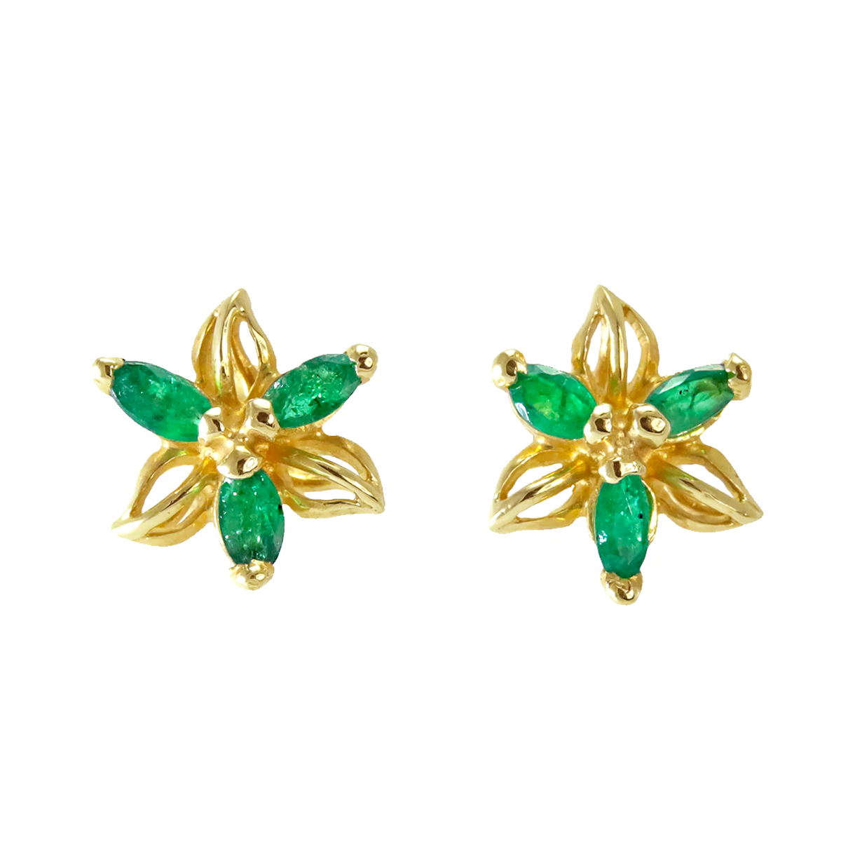 14K Gold Marquise & Emerald Stud Earrings