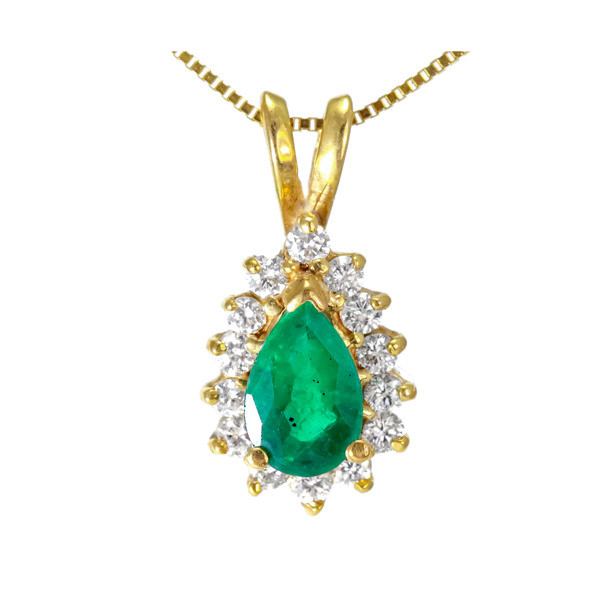 14k yellow gold pear shape emerald and diamond pendant