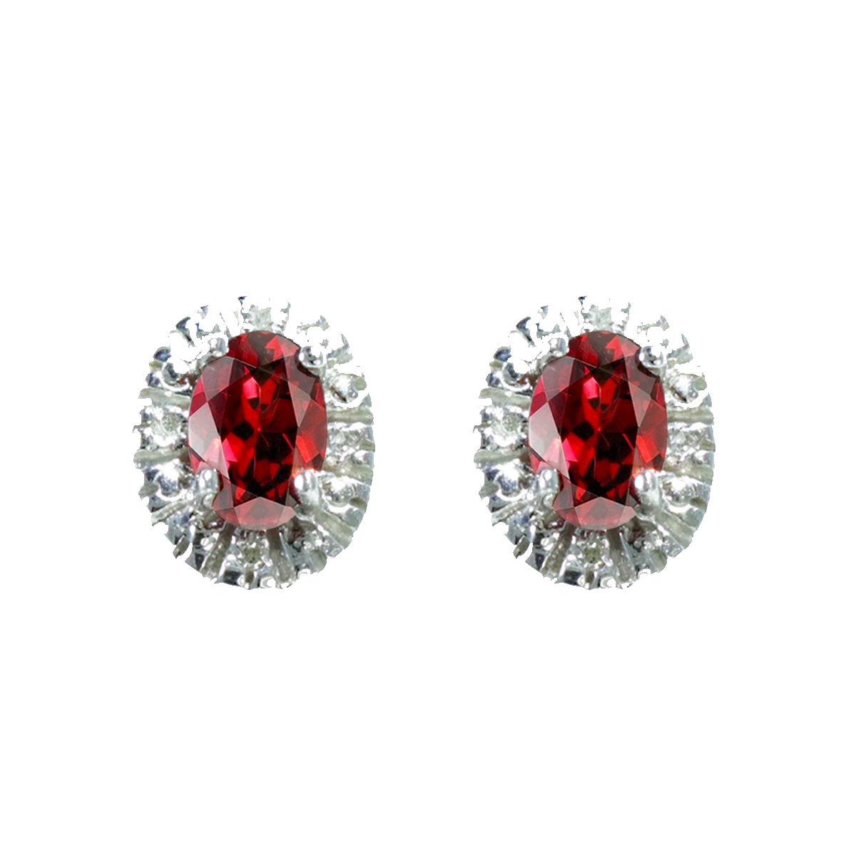 14K White Gold Oval Garnet & Diamond Earrings