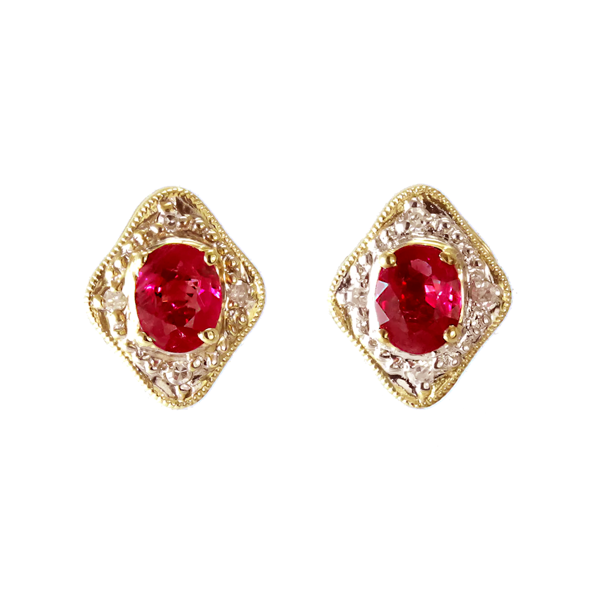 14k yellow gold oval ruby and diamond stud earrings