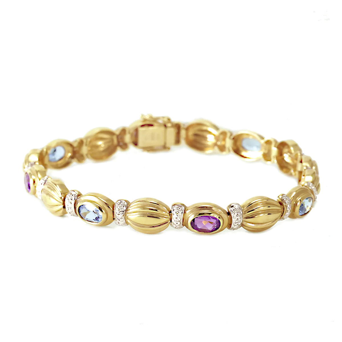 14k yellow gold blue topaz, amethyst and diamonds tennis bracelet