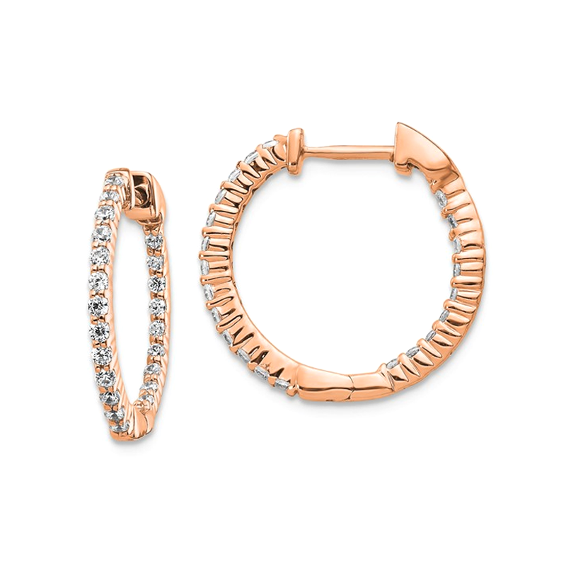 14k Rose Gold Polished Diamond In/Out Hinged Hoop Earrings