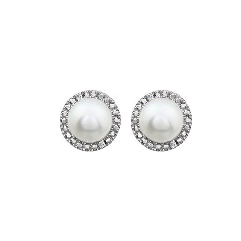 Sterling Silver Freshwater Pearl & Diamond Earrings