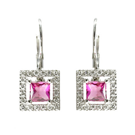 14K Gold Princess Cut Pink Tourmaline & Diamond Earrings