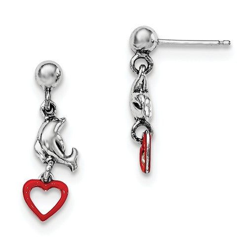 Sterling Silver Madi K Enamel Dolphin And Heart Dangle Earrings