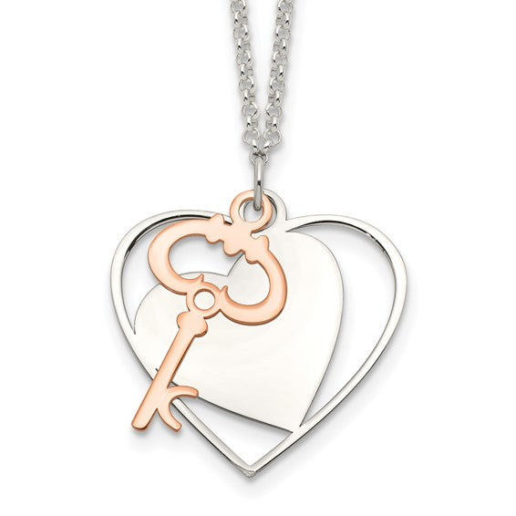 Sterling Silver & Rose-toned Polished Moveable Heart and Key Pendant with 18" Necklace