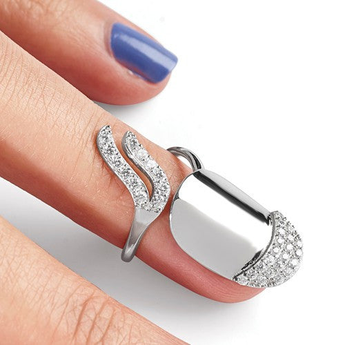 Sterling Silver Rhodium-Plated CZ Adjustable Fingernail Ring