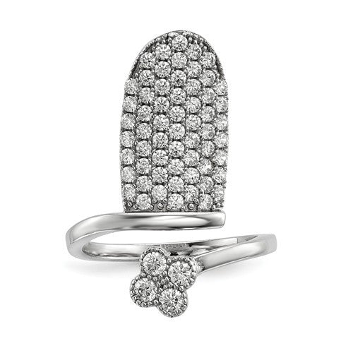 Sterling Silver Rhodium-Plated CZ Adjustable Flower Fingernail Ring