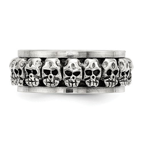 Sterling Silver Polished Spinning Center Antiqued Skull Ring