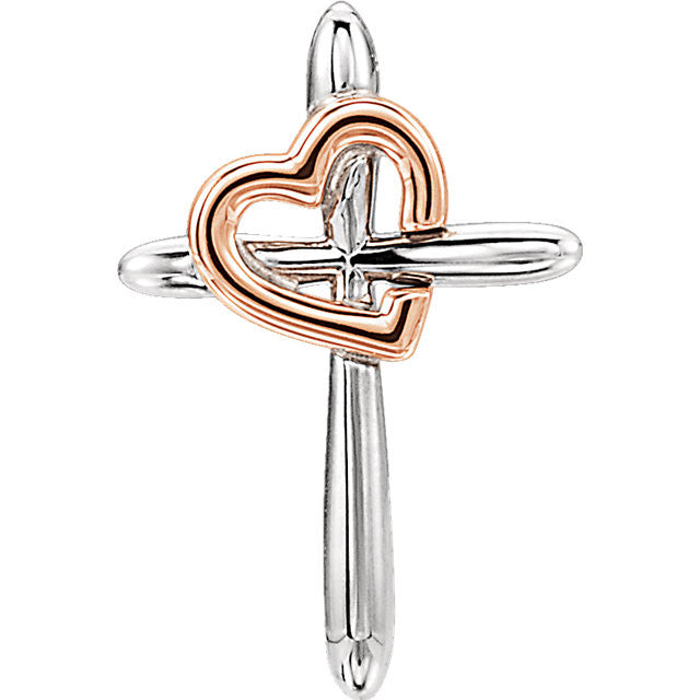 14K White & Rose Cross with Heart Pendant