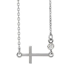 14K White .03 CTW Diamond Sideways Cross 16-18" Necklace