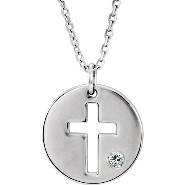14K White .03 CTW Diamond Pierced Cross Disc Necklace