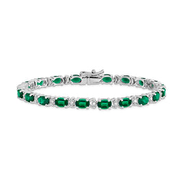 14k White Gold Oval Created Emerald & Diamond Bracelet